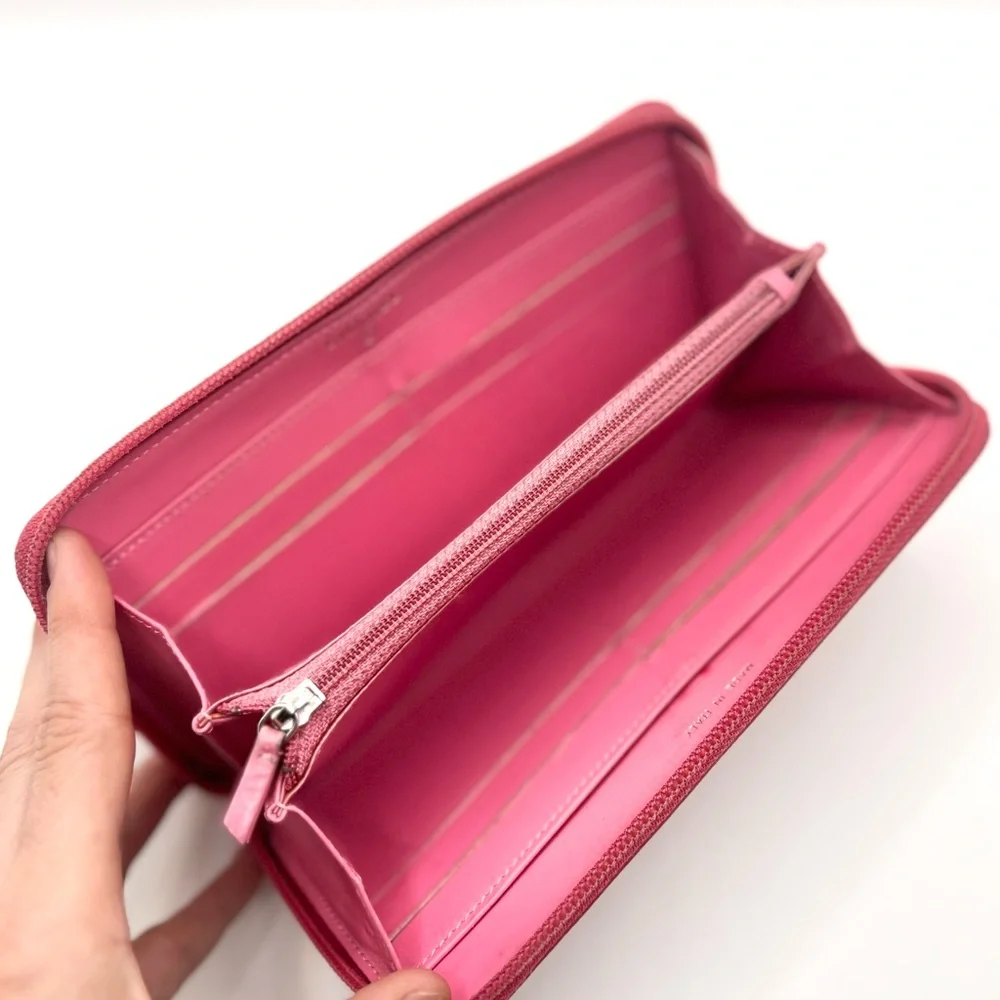 Authentic CHANEL CC Pink Pebbled Leather Zip Around Long Wallet W/ Chanel Card